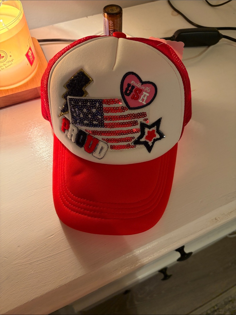 Simply Southern Red & White Sequin Patch Trucker Hat